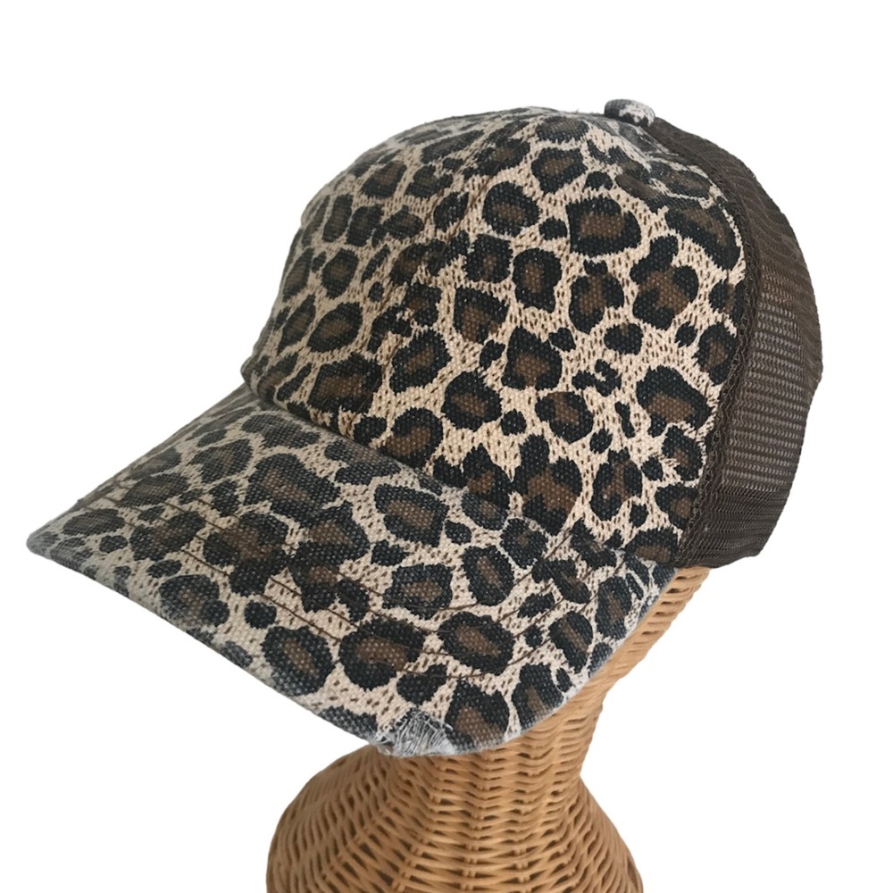 Distressed Canvas, Mesh Back Ponytail Hat Adjustable. Leopard Print